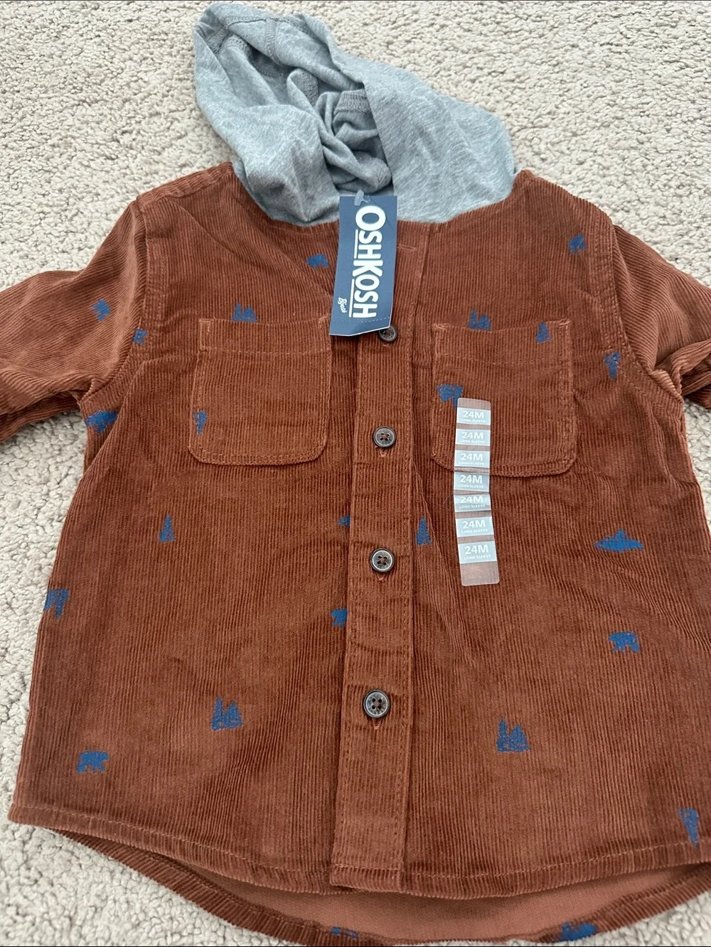OshKosh B'gosh Brown Corduroy Hooded Shirt with Gray Hood and Blue Accents